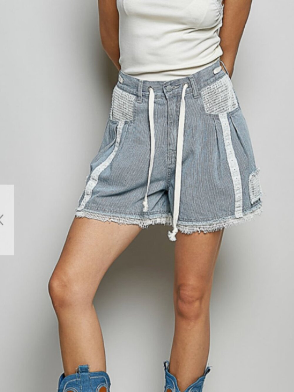POL Blue and White Patchwork Stripe Denim Shorts - Picture 3 of 3
